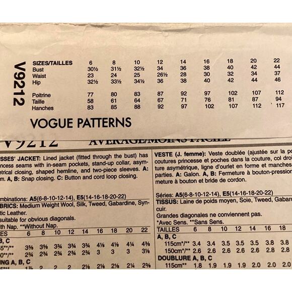 Sewing Pattern Vogue V9212 6-14 Lined Jacket Princess Seam Asymmetrical - Picture 3 of 5